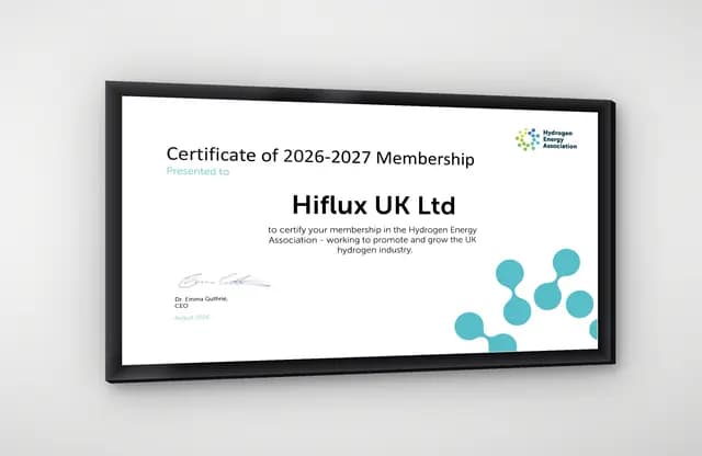 Hiflux UK Hydrogen Energy Association membership certificate